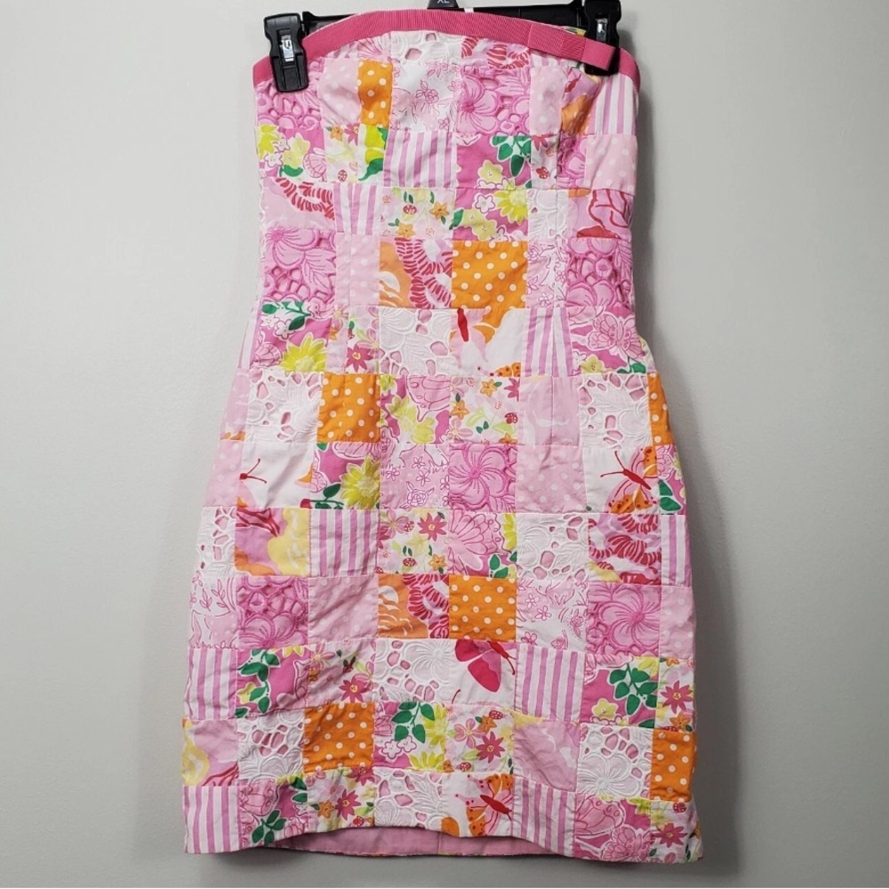 👗LILLY PULITZER VTG Retro 90s Quilted Patchwork Strapless Dress Sz 2 Pink NWOT - Picture 10 of 15